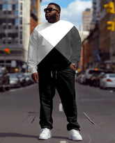 Men's Plus Size Simple All-Match Color Block Patchwork Printed Sweater Two-Piece Set