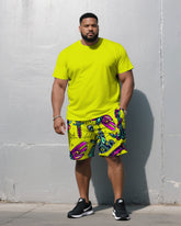Men's Plus Size Fluorescent Yellow Solid Color Top With Graffiti Pants Round Neck Short Sleeve T-Shirt Shorts Suit