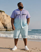 Big & Tall Men's Hawaiian Vacation Purple Gradient Line Print Shirt Shorts Suit