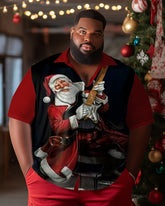 Men's Merry Christmas Color Block Santa Guitar Plus Size Christmas Tree Short Sleeve Shirt