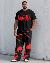 Men's Plus Size Black & Red Ink-throwing Short-sleeved T-shirt Pants Suit