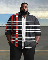Men's Plus Size Red and White Lines Long Sleeve Lapel 2 Shirt Set