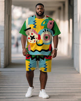 Men's Plus Size Green Graffiti Big Eyes Cartoon Print Short Sleeve T-Shirt Shorts Suit