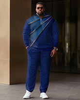 Men's Large Size Geometric Zipper Polo Shirt and Pants Two-piece Set
