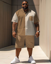 Big Men's Simple Casual Color-block Printed Pocket Shirt Shorts Set