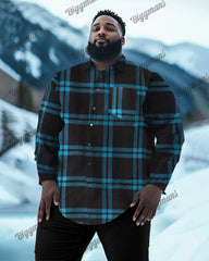 Winner Blue Plaid Long Sleeve Lapel Shirt Men's Plus Size