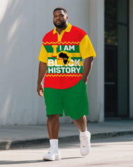 Big Men's Stripe Splicing Style BLACK HISTORY Juneteenth Theme Short Sleeve Polo Shirt Shorts Suit