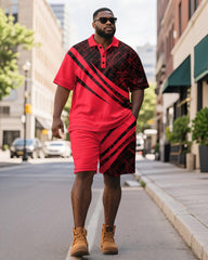 Big & Tall Men's Business Black And Red Color Block Geometric Print Short Sleeve Polo Shirt Shorts Suit