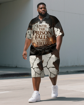 Men's Casual Dark Style PRISON Theme Lettering Relaxed Short-Sleeve Polo Shirt & Shorts Set