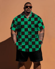 Men's Big & Tall Green Plaid Print Short Sleeve Shirt Shorts Set