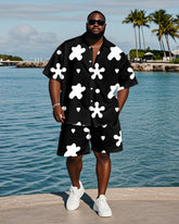 Men's Plus Size Hawaiian Black And White Geometric Print Shirt Shorts Suit