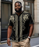 Men's Plus Size Black Vintage Pattern Printed Henry Collar Button Short Sleeve T-Shirt
