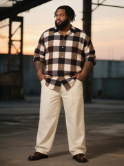 Big & Tall Men's Business Brown Plaid Print Long Sleeve Shirt Trousers Suit