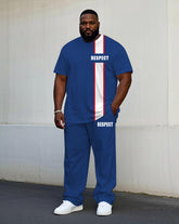 Men's Plus Size Casual Blue & White Colorblock Small Label Printed Short-sleeved T-shirt Trousers Suit