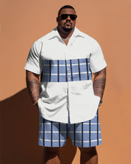 Big Men's Simple Patchwork Plaid Short-Sleeved Shirt And Shorts Set