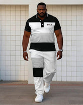 Black & White & Grey Classic Color-block Small Label Printed Short-sleeved POLO Trousers Suit Men's Plus Size