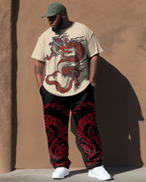 Men's Plus Size Apricot Dragon Totem Print T-Shirt Trousers Suit