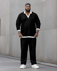 Big & Tall Men's Solid Color POLO V-Neck Long Sleeve Pants Two-Piece Set