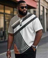 Men's Plus Size Daily Casual Grey Patchwork Striped Printed Henry Collar Button Short Sleeve T-Shirt