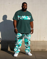 Men's Plus Size Green Camouflage Stitching Design Short Sleeve T-Shirt Trousers Suit