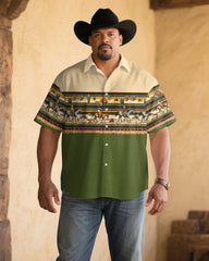 Men's Plus Size Vibrant Green Western Print Short Sleeve Shirt