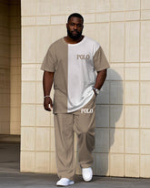 Men's Big & Tall Casual Khaki & White Colorblock Short-sleeved T-shirt Trousers Set