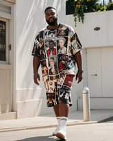 Big Boy Street Fashion Abstract Comic Puzzle Print Short Sleeve T-Shirt Shorts Suit