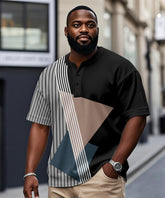 Men's Plus Size Daily Casual Black Stripe Print Henry Collar Button Short Sleeve T-Shirt