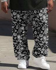 Men's Large Casual Paisley Alphabet Print Short Sleeve Trousers Suit