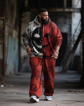 Big & Tall Men's Halloween Black Red Mask Emoji Contrast Stitch Print Hoodie Suit