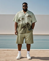 Big & Tall Men's Hawaiian Vacation Army Green Gradient Painting Coconut Tree Print Shirt Shorts Suit