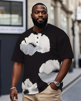 Men's Plus Size Daily Casual Black Abstract Floral Print Henry Collar Button Short Sleeve T-Shirt