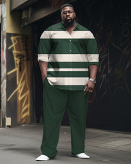 Men's Plus Size Simple Striped Long Sleeve Lapel Shirt 2-Piece Set