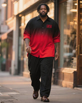 Big & Tall Men's Business Black And Red Gradual King Letter Printing Long Sleeve Shirt Pants Suit