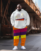 Men's Plus Size Casual Retro Colorblock Hoodie Two-Piece Set