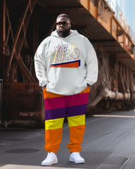 Men's Plus Size Casual Retro Colorblock Hoodie Two-Piece Set