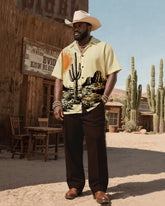 Big & Tall Men's Western Wind Desert Cactus Print-Cuban Collar Short Sleeve Shirt Pants Suit