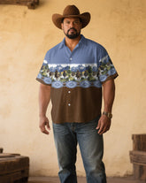 Men's Plus Size Western Denim Horse Hero Print Short Sleeve Shirt