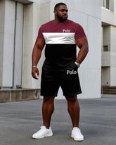 Men's Plus Size Black & Red Colorblock Chest Small Label Printed Short Sleeve T-Shirt Shorts Suit