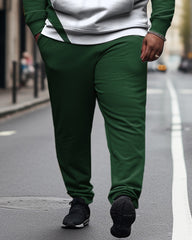 Big Men's Casual Sports Long Sleeve Color Block Green Hoodie Two Piece Set