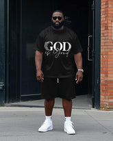 Men's Big and Tall GOD IS GOOD Letter Floral Printed Short Sleeve T-Shirt and Shorts Set