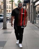 Men's Plus Size Black And Red Gradient Colorblock Alphabet Print Henry Collar T-Shirt Trousers Suit