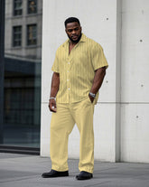 Men's Plus Size Business Fashion Yellow Striped Short Sleeve Shirt Trousers Suit