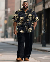 Big & Tall Men's Leaf Black Skull Print Short Sleeve Shirt Trousers Suit