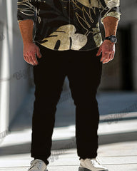 Men's Gold Leaf Printed Large Size Long-sleeved Shirt Set