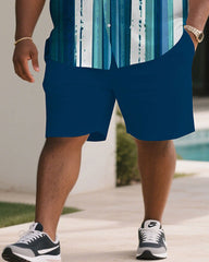 Men's Plus Size Summer Blue Ocean Striped Short Sleeve Shirt Shorts Suit