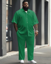 Big Guy's Solid Color Green Short Sleeve Shirt Trousers Set
