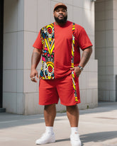 Men's Plus Size Chinese Red Creative Stripe African Figure Print T-Shirt Shorts Suit