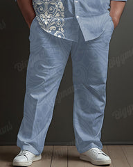 Men's Retro Blue Dark Print Plus Size Long Sleeve Shirt Trousers Suit