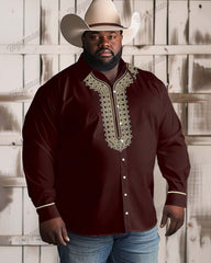 Men's Plus Size Western Wine Red Causal Long Sleeve Shirt